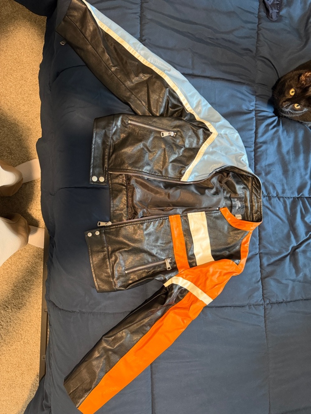 Urban Outfitters Black Leather Jacket with Orange & White Accents